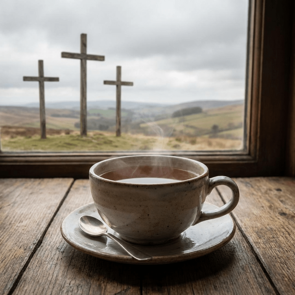 Steaming cup on a wooden table with three wooden crosses visible through a window.