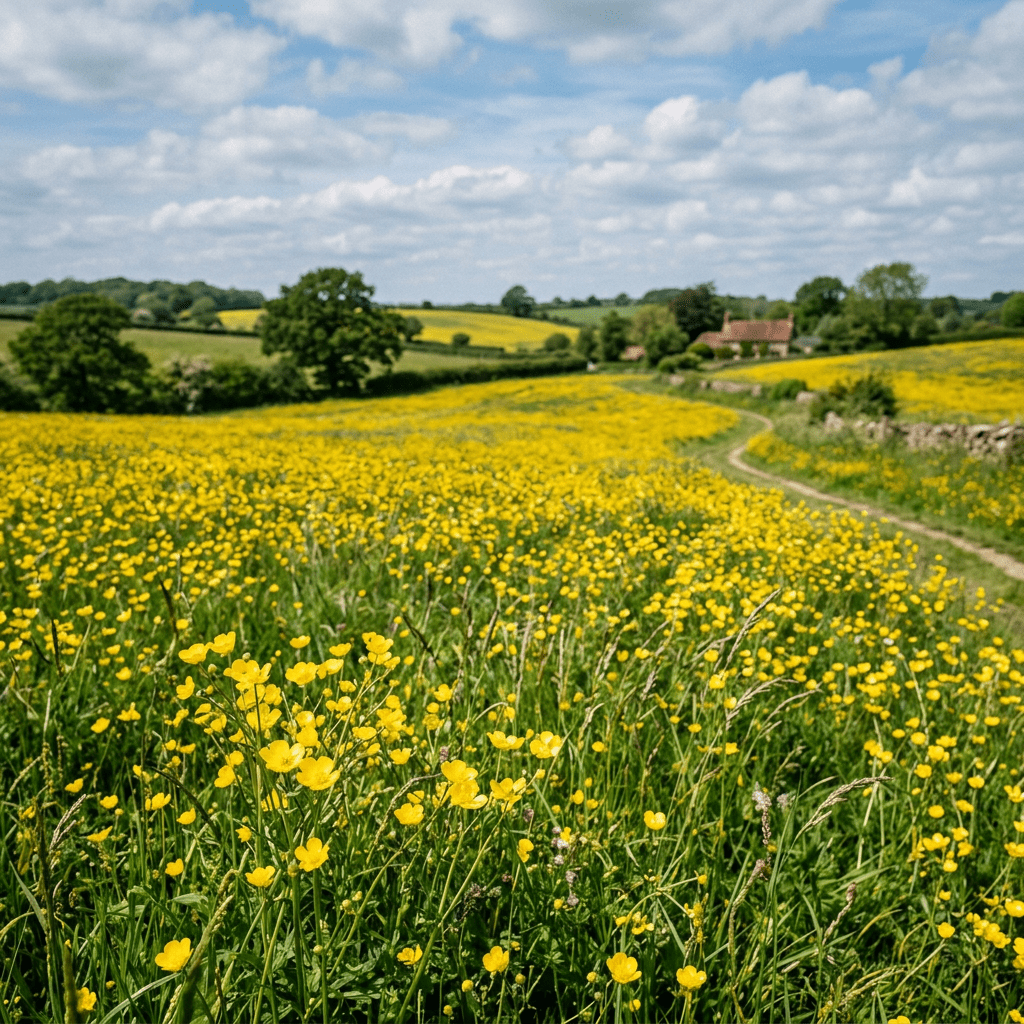 Meadow filled with yellow wildflowers and green grass with a winding dirt path and distant farmhouse