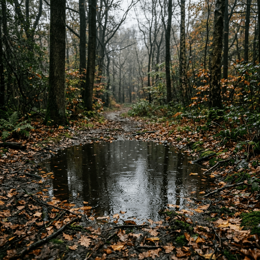 A muddy forest path with a large puddle reflecting surrounding trees in autumn