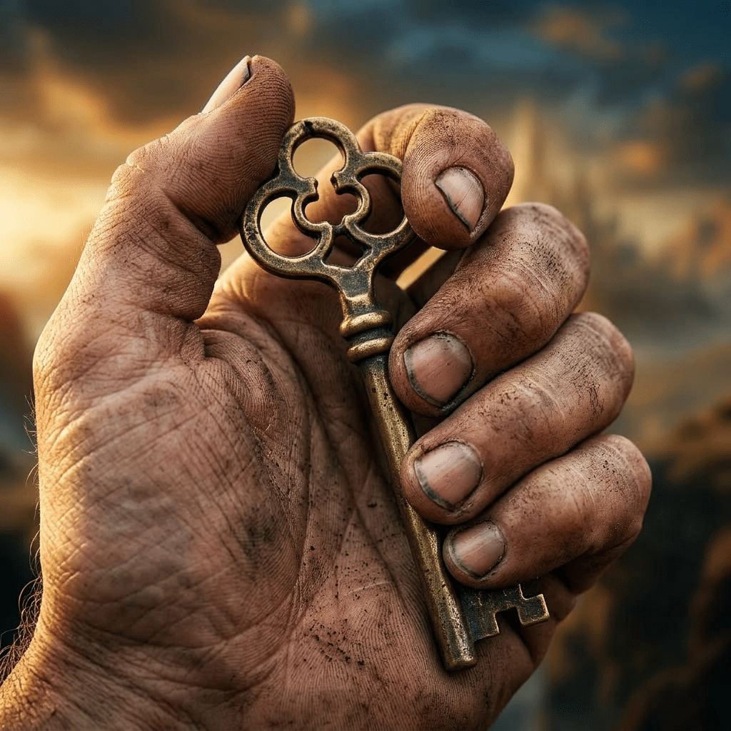 Dirty hand holding an ornate antique key tightly