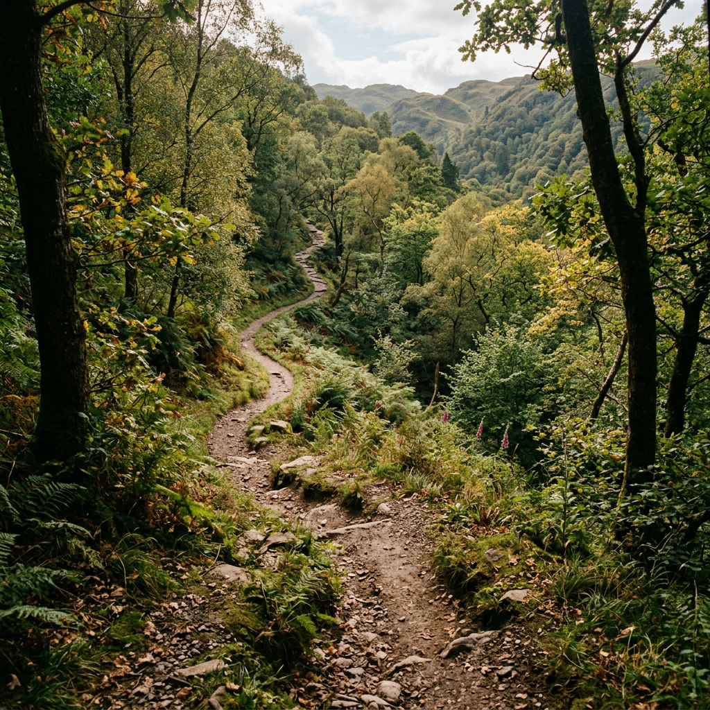 Dirt hiking trail winding through dense green forest with hills beyond