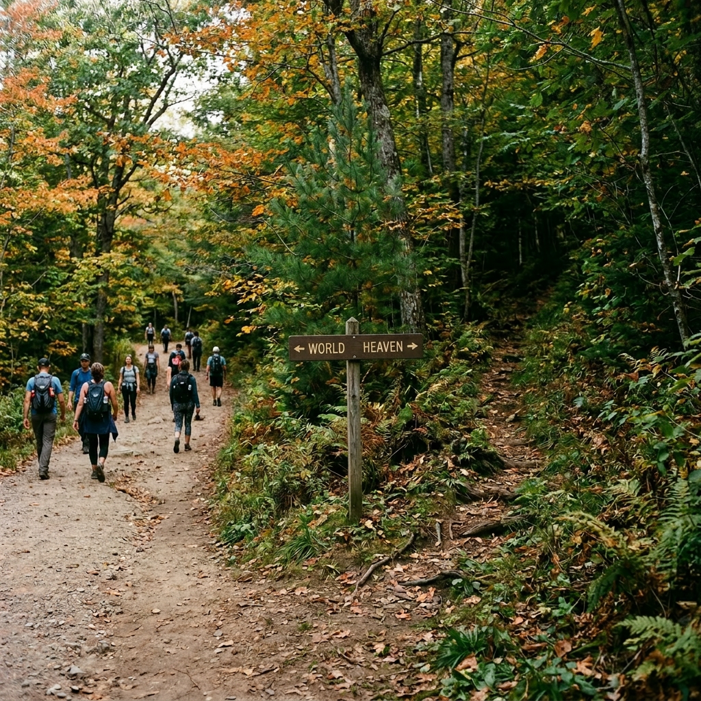 Group of hikers walking on main forest trail with signpost indicating main trail and backcountry path