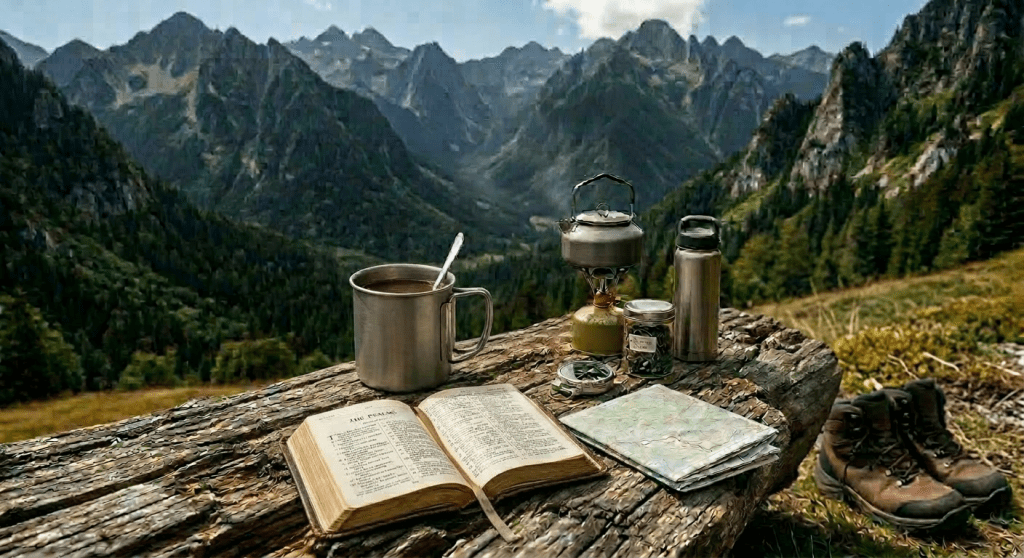Steaming cup of tea on a rock with spoon, wildflowers and mountain landscape