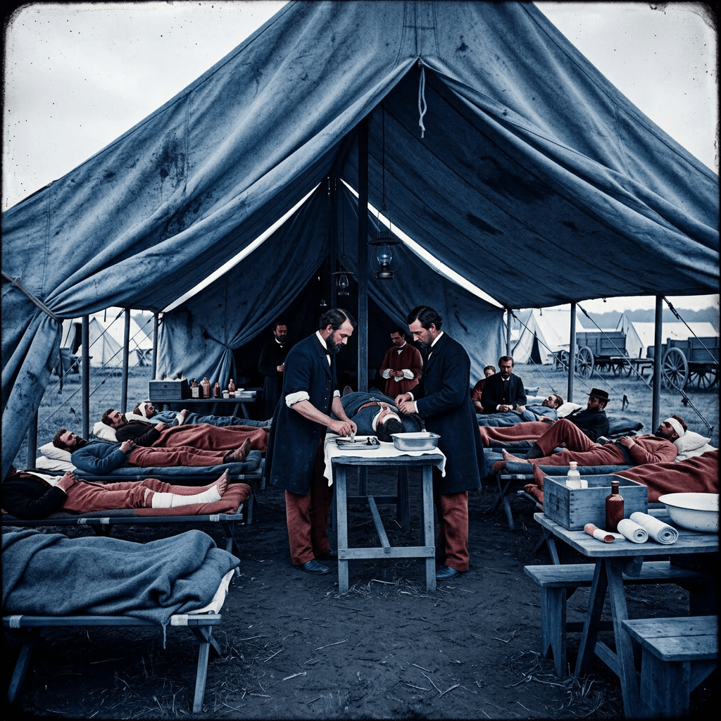 Doctors treating injured soldiers inside a large Civil War medical tent