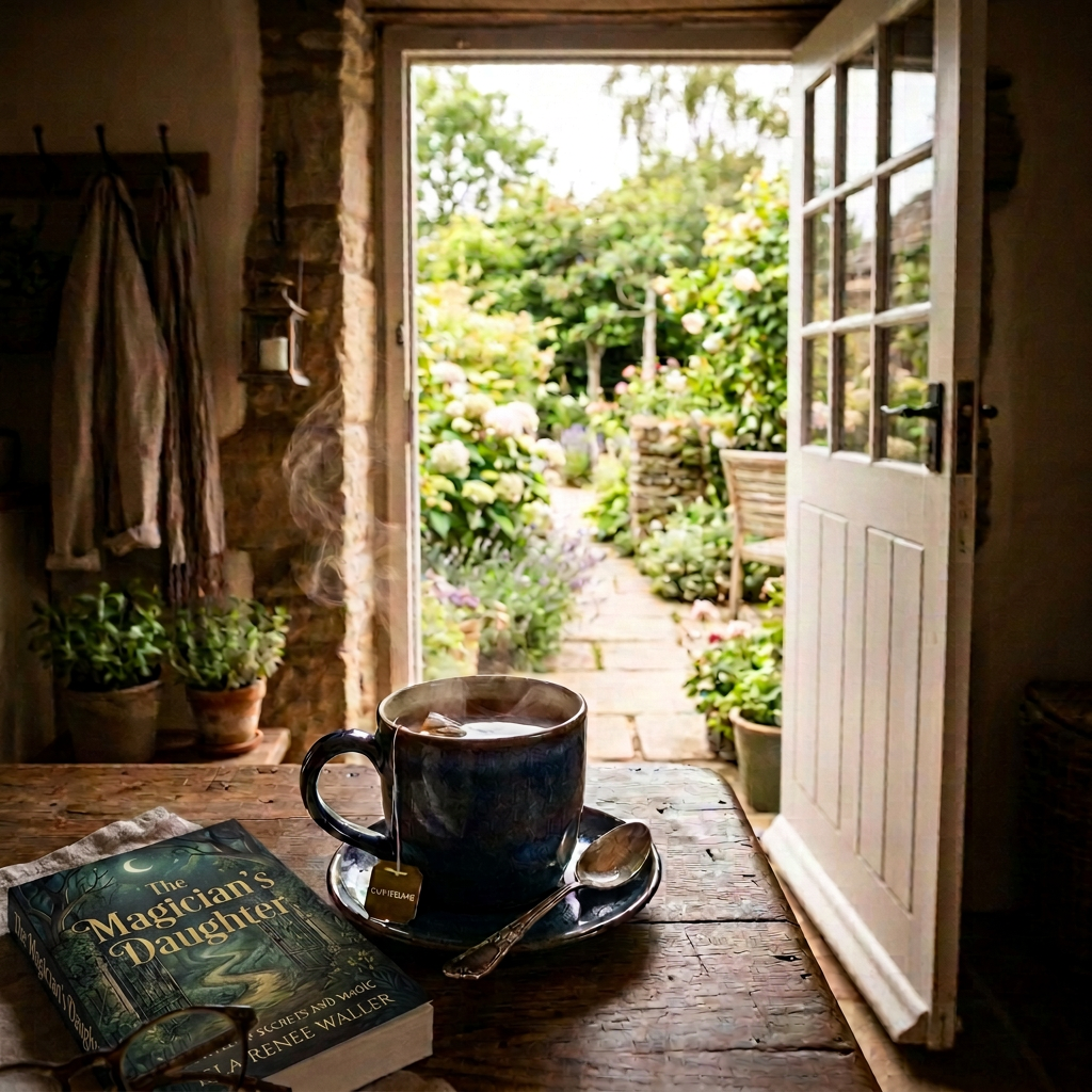 Steaming cup of Darjeeling tea on a saucer with a spoon beside it on a rustic wooden table facing an open door to a lush garden path