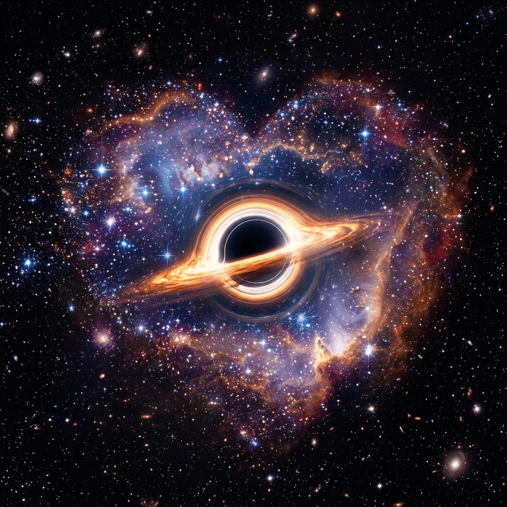 Heart-shaped nebula with glowing black hole and surrounding stars