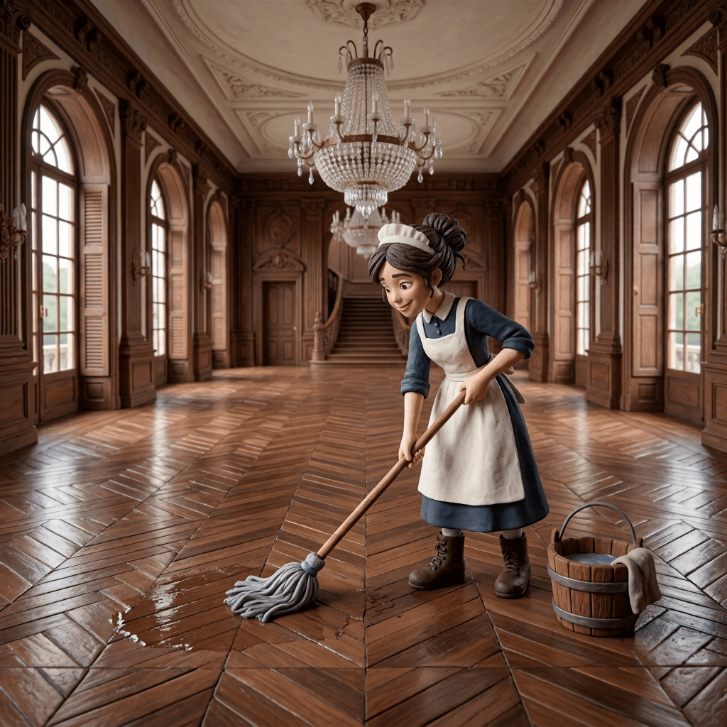 Maid mopping a grand mansion hall with chandeliers and a cleaning bucket